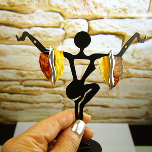 Big Amber & 925 Silver Omega Earrings - Made In Poland Rare Jewelry Her Gift - Picture 12 of 16